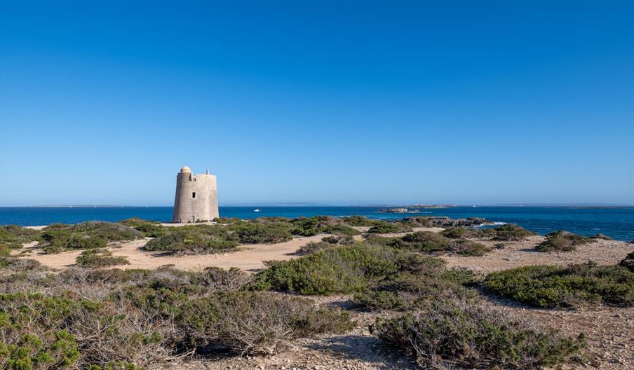 Torre de ses Portes, antigua torre de vigilancia costera rodeada de paisaje natural y matorral mediterráneo junto al mar en el Parque Natural de Ses S