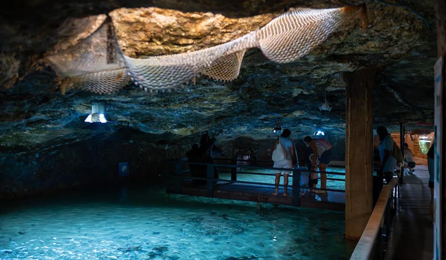 Interior del Aquarium Cap Blanc en Ibiza, una cueva natural adaptada como acuario con aguas cristalinas y pasarelas para visitantes.